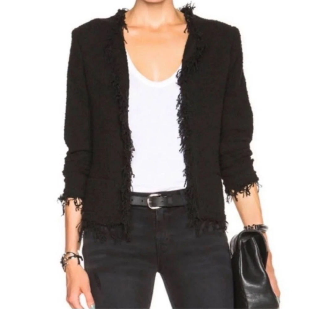IRO Shavani Tweed Bouclé Fringe Jacket Black Open Front Textured Size 38 (US 6)
